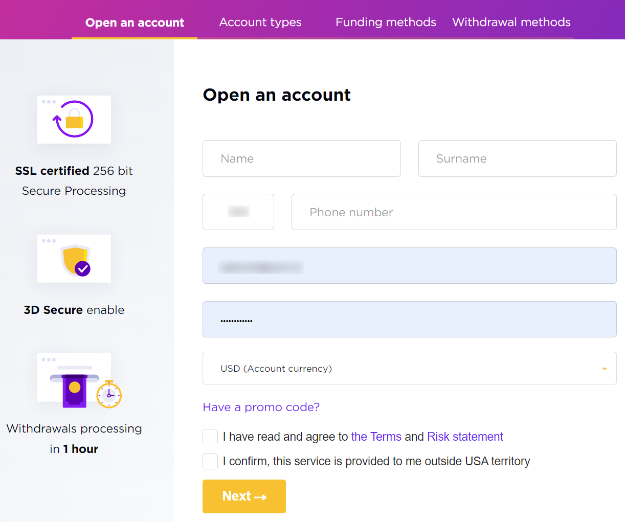 screenshot from open an account form