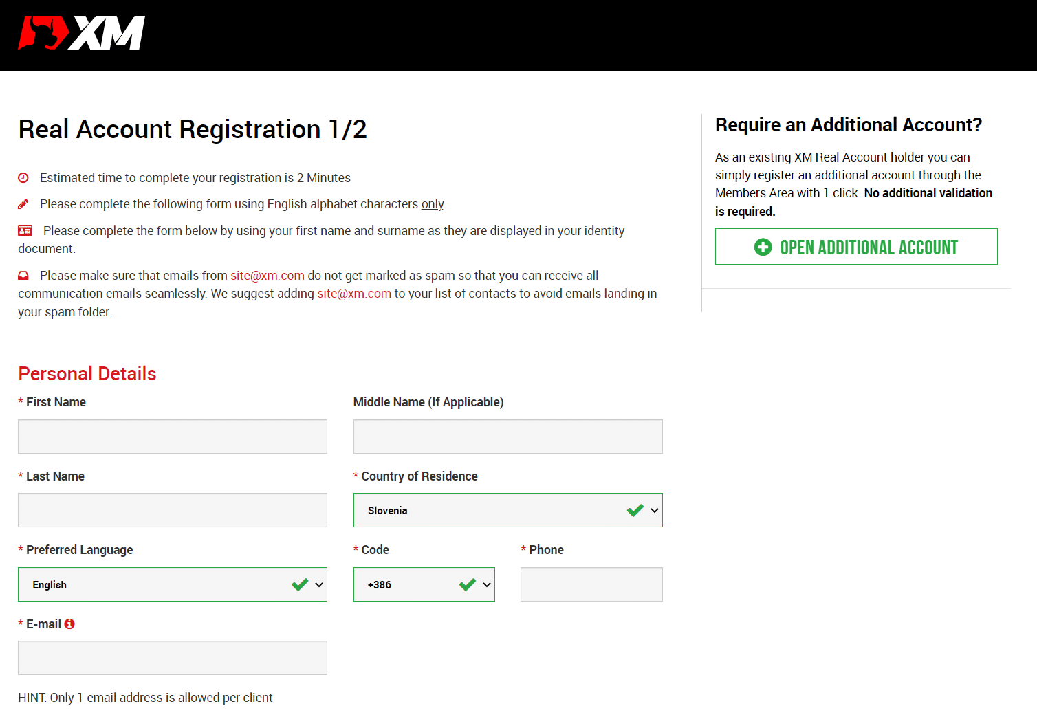 xm account registration form